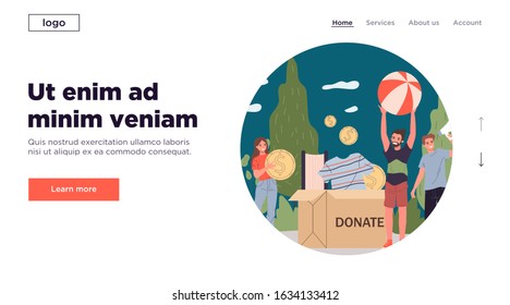 Positive young volunteers packing donation box. Container, clothing, cash flat vector illustration. Assistance, sharing, contribution concept for banner, website design or landing web page