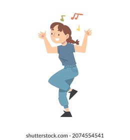 Positive Young Woman Dancing Moving Hands and Legs to Music Rythm Vector Illustration