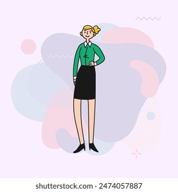 Mujer joven positiva en ropa formal. Empleada de pie en la Ilustración vectorial plana de la oficina. Negocio, ocupación, concepto de trabajo para Anuncio, diseño de Sitio web o página de destino