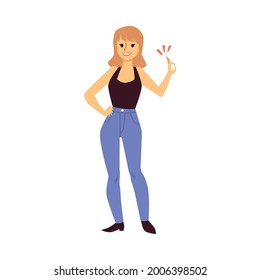 Positive young woman gesturing of ok sign. Character of happy cheerful girl showing of gesture thumb up expressing positive emotions. Flat cartoon vector isolated illustration.