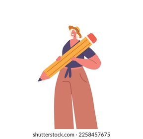 Positive Young Woman Holding Big Pencil. Artist or Designer Character with Professional Tool. Creative Person Make Graphic Image Isolated on White Background. Cartoon People Vector Illustration