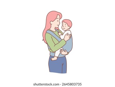 Positive young women mothers carrying reborn children in cotton sling, baby feeling love and protection from mother. Mothers carrying their kids in slings lifestyle concept. Hand drawn style vector de
