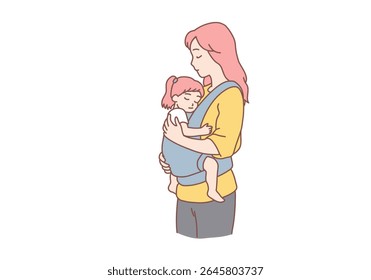 Mães jovens positivas carregando crianças renascidas em tipoia de algodão, bebê sentindo amor e proteção da mãe. Mães carregando seus filhos no conceito de estilo de vida de fundas. Vetor de estilo desenhado à mão