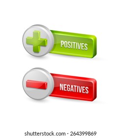 Positives and negatives buttons isolated on white background 