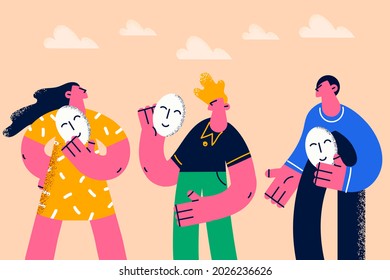 Positivity, changing mood emoji concept. Group of young people standing holding smiling masks emoju in hands trying to smile vector illustration 