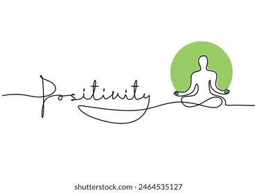 Positivity handwritten inscription with yoga people. One line drawing of phrase hand writing calligraphy card lettering isolated on white background.