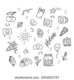 Positivität, Glückssatz von Elementen im Doodle-Stil. Isoliert auf weißem Hintergrund