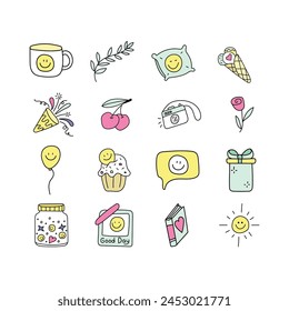Positivity, happiness set of elements in doodle style. Isolated on white background