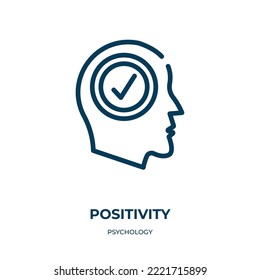 Icono de positividad. Ilustración vectorial lineal de la colección de psicología. Guión de icono de positividad de contorno vectorial. Símbolo de línea delgada para uso en aplicaciones web y móviles, logotipo, medios impresos.