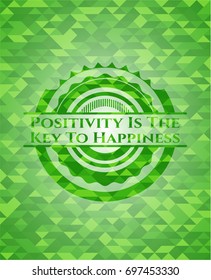 Positivity Is The Key To Happiness green emblem with triangle mosaic background