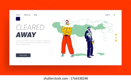 Positivity Landing Page Template. Happy Male Character in Bright Clothing Stand with Head in Clouds, Sad Businessman Get Wet under Rain. Daydreaming, Imagination. Linear People Vector Illustration