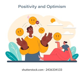 Positivity and optimism concept. A vibrant vector illustration that radiates cheerfulness and a positive outlook, featuring joyful characters and uplifting emotions. Vector illustration.