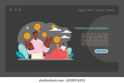 Positivity and optimism concept. A vibrant vector illustration that radiates cheerfulness and a positive outlook, featuring joyful characters and uplifting emotions. Vector illustration.