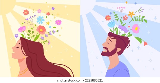 Positivity thinking heads. Young soul positive thoughts of woman and men, self good change psychiatrist therapy wellbeing influence inside people mind vector illustration of happy inside beautiful