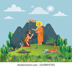 Poson Festival Hand drawing vector art,Poson Poya - Mihindu Maharahat came to Sri lanka  Anuradhapura bringing the values of Buddha Dharma,Mahindagamanaya.Poson Poya vector background.