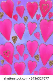 Posrcard pink hearts on a blue background