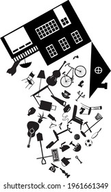 Possessions falling down from an upside-down house, black EPS 8 vector silhouette, no white objects