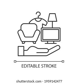 Possessions insurance linear icon. Contents insurance policy. Personal belonging protection. Thin line customizable illustration. Contour symbol. Vector isolated outline drawing. Editable stroke