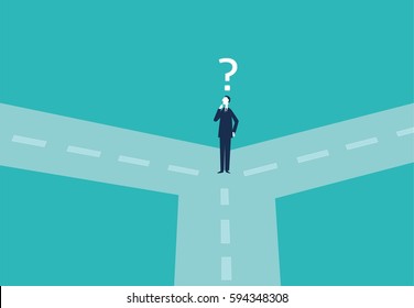Possibilities. Doubtful businessman selecting the best solution. Concept business vector illustration