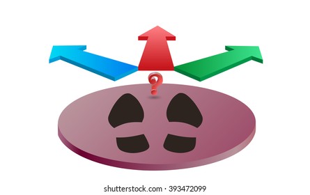 Possibilities.  selecting  solution. Concept business vector illustration. Standing in front of a choice the way, traces of man and arrow and a question mark