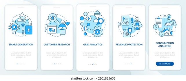 Possibilities of smart grid blue onboarding mobile app screen. Benefits walkthrough 5 steps graphic instructions pages with linear concepts. UI, UX, GUI template. Myriad Pro-Bold, Regular fonts used