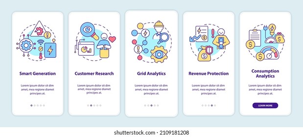 Possibilities of smart grid onboarding mobile app screen. Network walkthrough 5 steps graphic instructions pages with linear concepts. UI, UX, GUI template. Myriad Pro-Bold, Regular fonts used