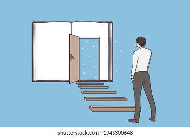 Possibilities, Success, leadership concept. Back of businessman standing on ladder forward and looking ahead for new possibilities and development at open door vector illustration 