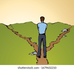 Possible 2 dilemma risk wrong left street trail walk select journey go. Color line hand drawn human guy action start pose. Field route icon sign sketch. Modern art cartoon style. Behind rear sky view