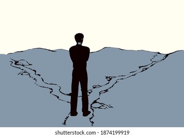 Possible 2 dilemma risk wrong left street trail walk select journey go. Color line hand drawn human guy action start pose. Field route icon sign sketch. Modern art cartoon style. Behind rear sky view