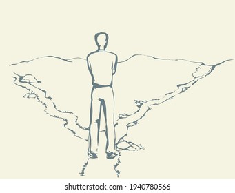 Possible 2 dilemma risk wrong left street trail walk select journey go. Color line hand drawn human guy action start pose. Field route icon sign sketch. Modern art cartoon style. Behind rear sky view