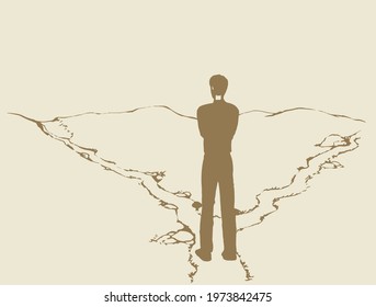 Possible 2 dilemma risk wrong left street trail walk select journey go. Color line hand drawn human guy action start pose. Field route icon sign sketch. Modern art cartoon style. Behind rear sky view