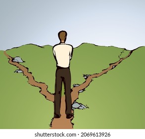 Possible 2 dilemma risk wrong left street trail walk select journey go. Color line hand drawn human guy action start pose. Field route icon sign sketch. Modern art cartoon style. Behind rear sky view