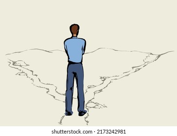 Possible 2 dilemma risk wrong left street trail walk select journey go. Color line hand drawn human guy action start pose. Field route icon sign sketch. Modern art cartoon style. Behind rear sky view
