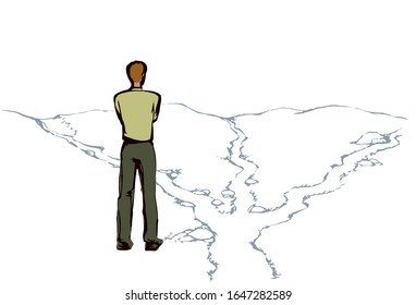Possible 3 dilemma risk wrong left street trail walk select journey go. Color line hand drawn human guy action start pose. Field route icon sign sketch. Modern art cartoon style. Behind rear sky view