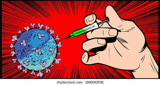 Possible cure with a hand holding Coronavirus, COVID-19 virus, vaccine vial treatment. Infectious, covid19. Pop Art, Vector illustration in retro comic book vintage style