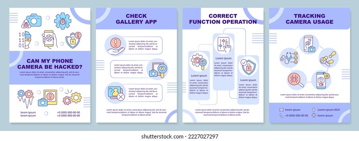 Possible phone camera hacking purple brochure template. Leaflet design with linear icons. Editable 4 vector layouts for presentation, annual reports. Arial-Black, Myriad Pro-Regular fonts used