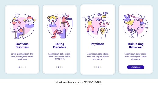 Possible teen disorders onboarding mobile app screen. Emotional problems walkthrough 4 steps graphic instructions pages with linear concepts. UI, UX, GUI template. Myriad Pro-Bold, Regular fonts used