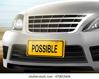 Possible Words On License Plate, Brand New Silver Car Over Blurred Background, 3D Illustration