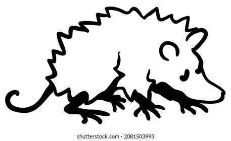 Possum cartoon line drawing, vector, horizontal, black and white, isolated
