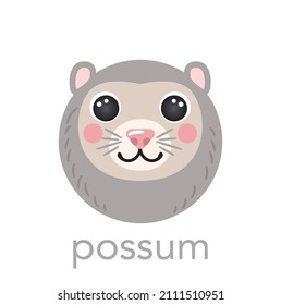 Possum Cute portrait with name text smile head cartoon round shape animal face, isolated vector avatar character icon illustrations on white background. Flat simple for kids poster, baby clothes