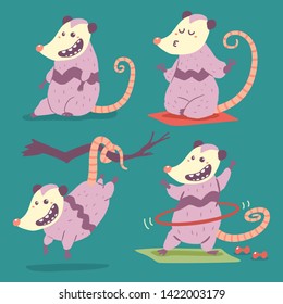 Possum vector cartoon character set isolated on background.