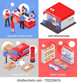 Post 2x2 isometric design concept post office building parcel storage transportation and point of correspondence delivery square icons vector illustration  