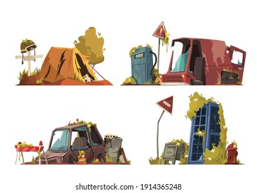 Post apocalypse 2x2 design concept set of destruction consequences after military action or natural disaster cartoon vector illustration   