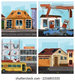 Post apocalypse 2x2 design concept set of forsaken buildings after earthquake or war flat vector illustration