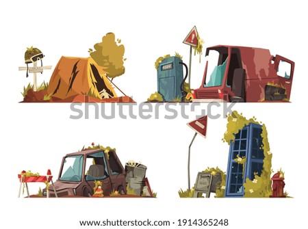 Post apocalypse 2x2 design concept set of destruction consequences after military action or natural disaster cartoon vector illustration   