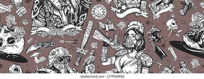 Post apocalypse. Post apocalyptic man warrior, soldier woman. Seamless pattern. People, weapon of dark future. Nuclear war background. Doomsday girl and gun, end of world