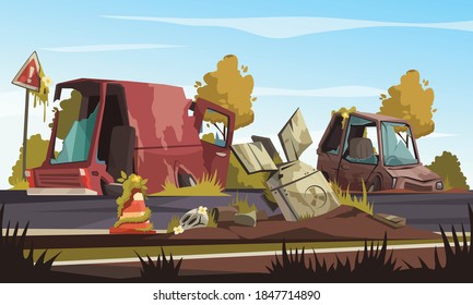 Post apocalypse background with  destroyed cars on road after military action cartoon vector illustration