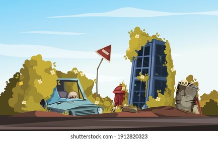 Post Apocalypse Cartoon Composition With Broken Car Near Bent Sign Road Closed And Destroyed Phone Booth Vector Illustration