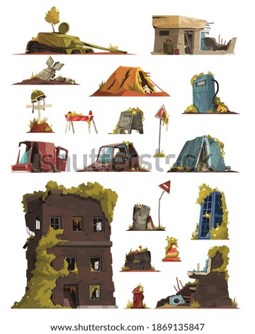 Post apocalypse cartoon set of   abandoned city buildings cars destroy in war zone vector illustration