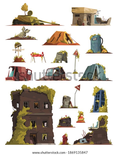 Post apocalypse cartoon\
set of   abandoned city buildings cars destroy in war zone vector\
illustration